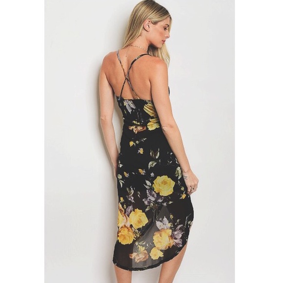 Black Yellow Floral Strappy Hi Low Surplice Dress - Picture 3 of 4